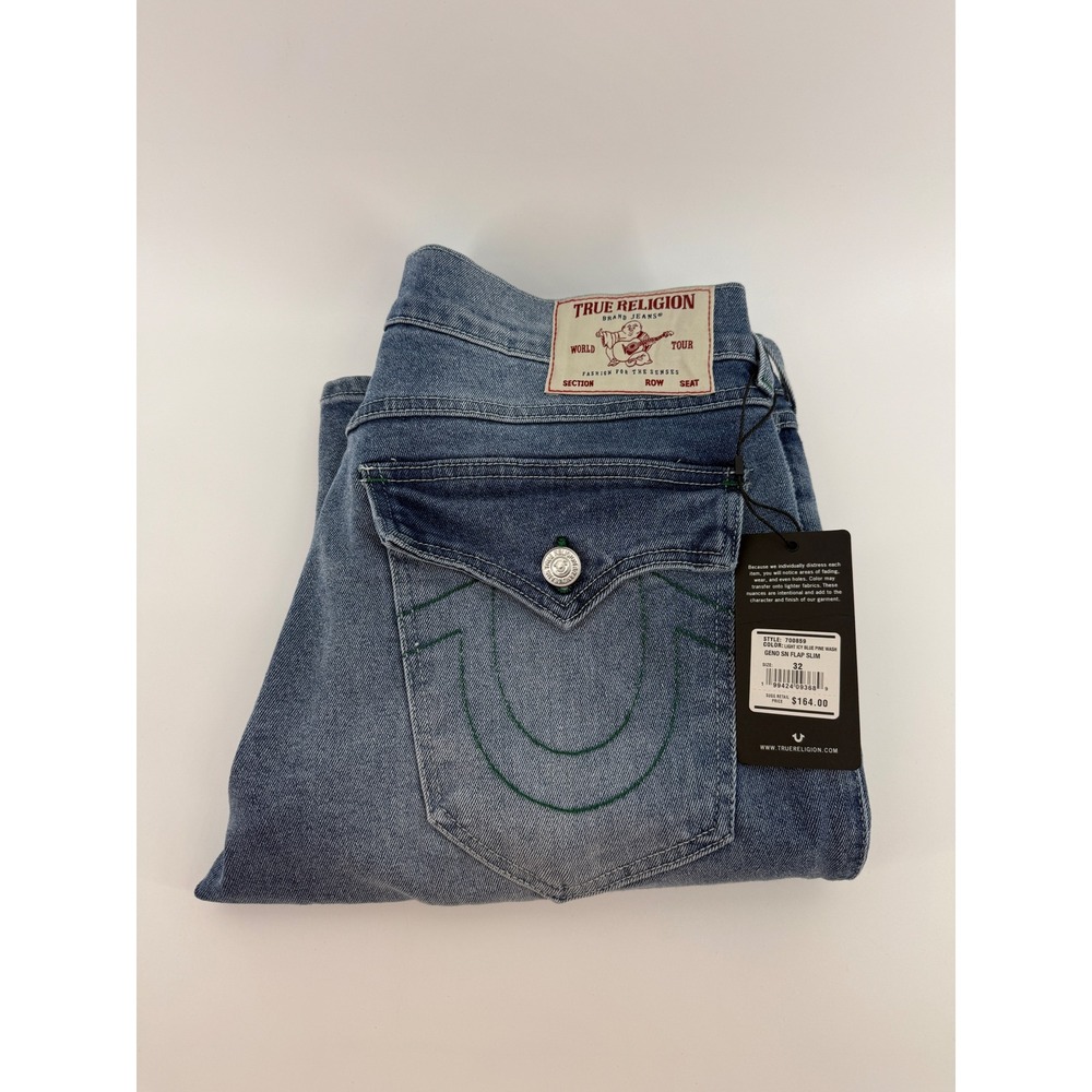 True Religion Geno SN Flap Slim Jeans 32 Light Icy Blue Pine Wash 700859 NEW